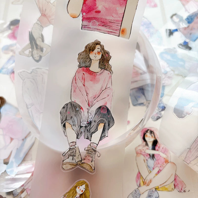 Tape roll and strips featuring blush pink girls