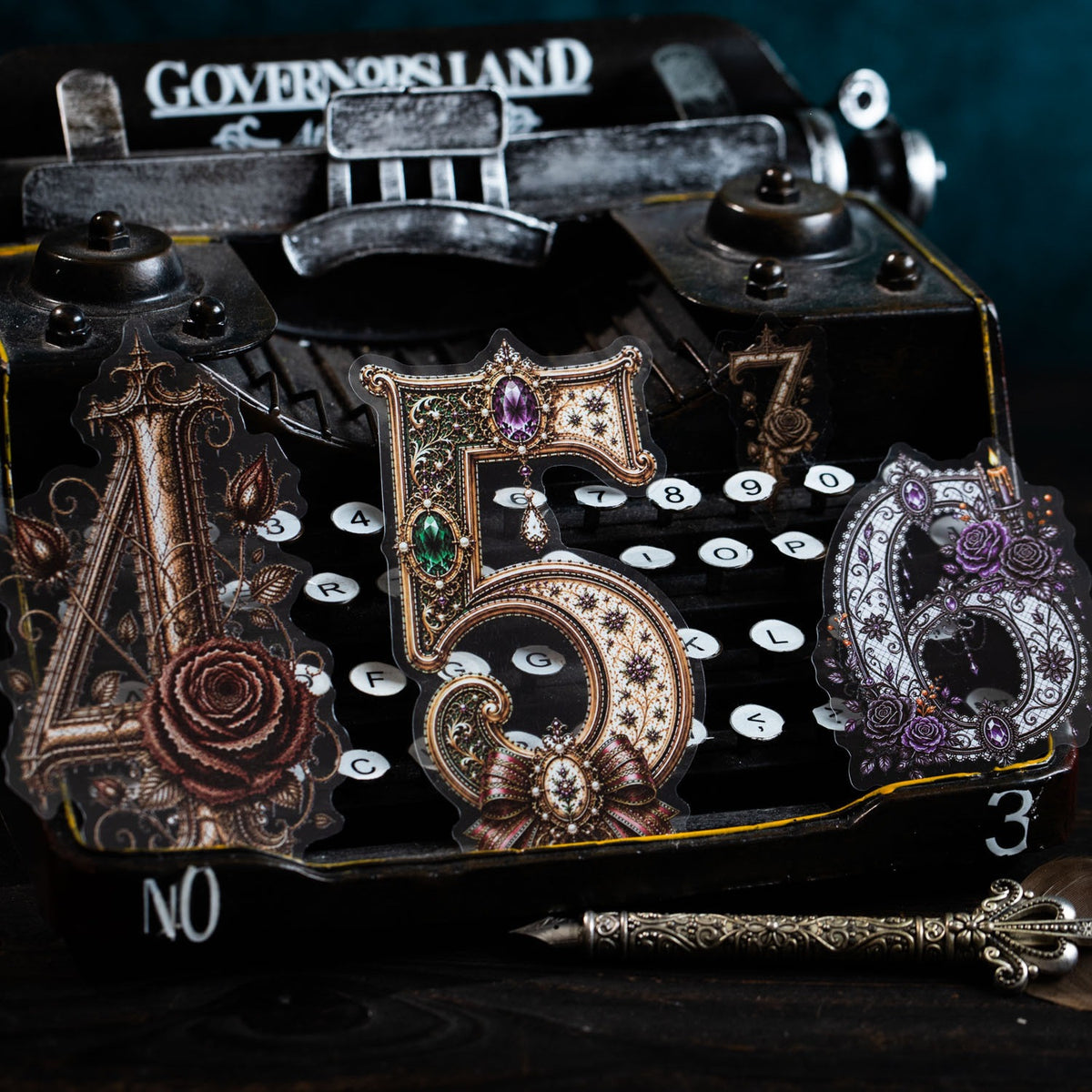 Ornate number stickers arranged on an antique typewriter