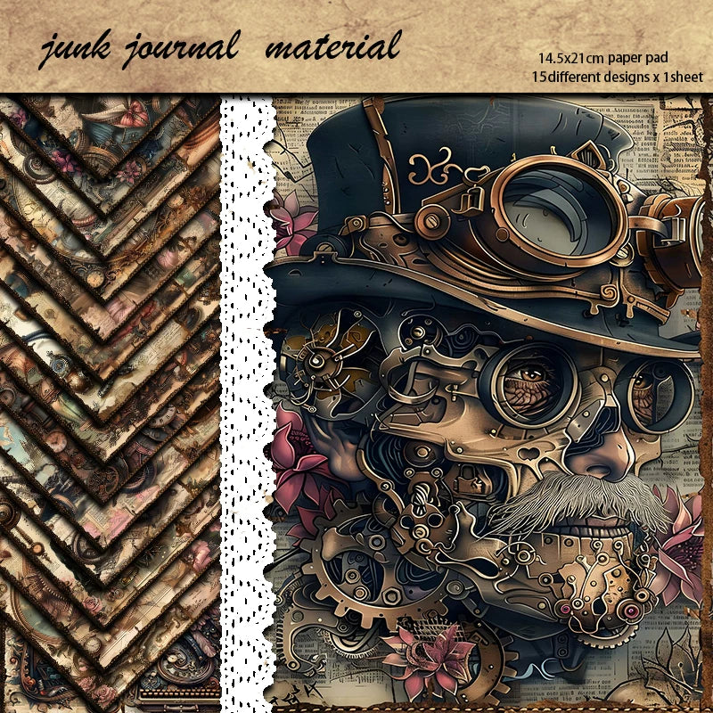 Vintage Abstract Mechanical Junk Journal Paper - 15 Pieces Steampunk Background Paper for Scrapbooking