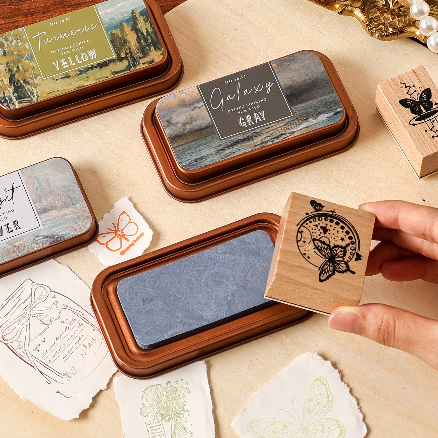 Nature palette cotton ink pad tins with metal cases, rich stamping colors, and vintage label artwork