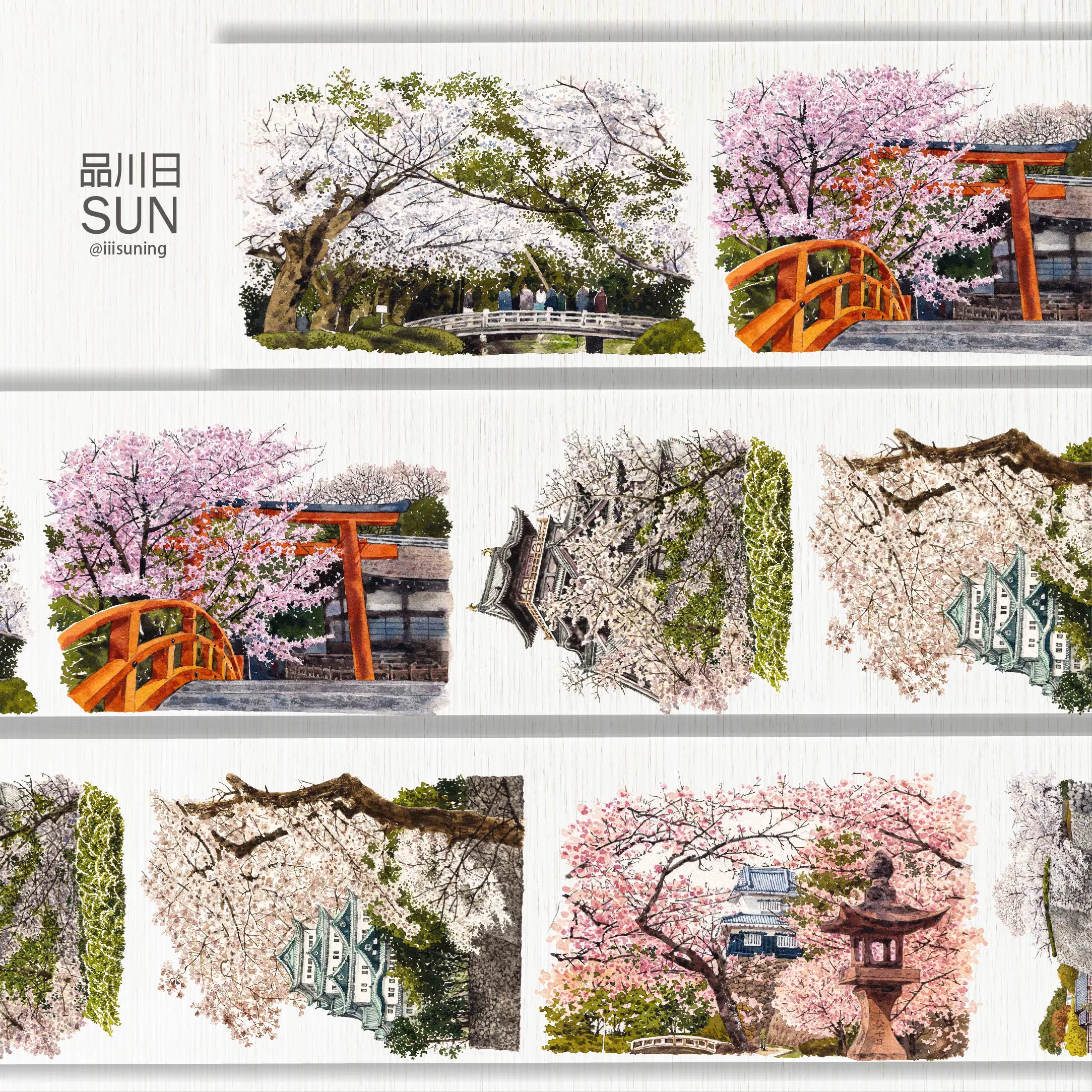 Delicate PET tape featuring vibrant cherry blossoms, serene Japanese temples, and iconic torii gates in a spring landscape.