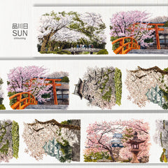 Delicate PET tape featuring vibrant cherry blossoms, serene Japanese temples, and iconic torii gates in a spring landscape.