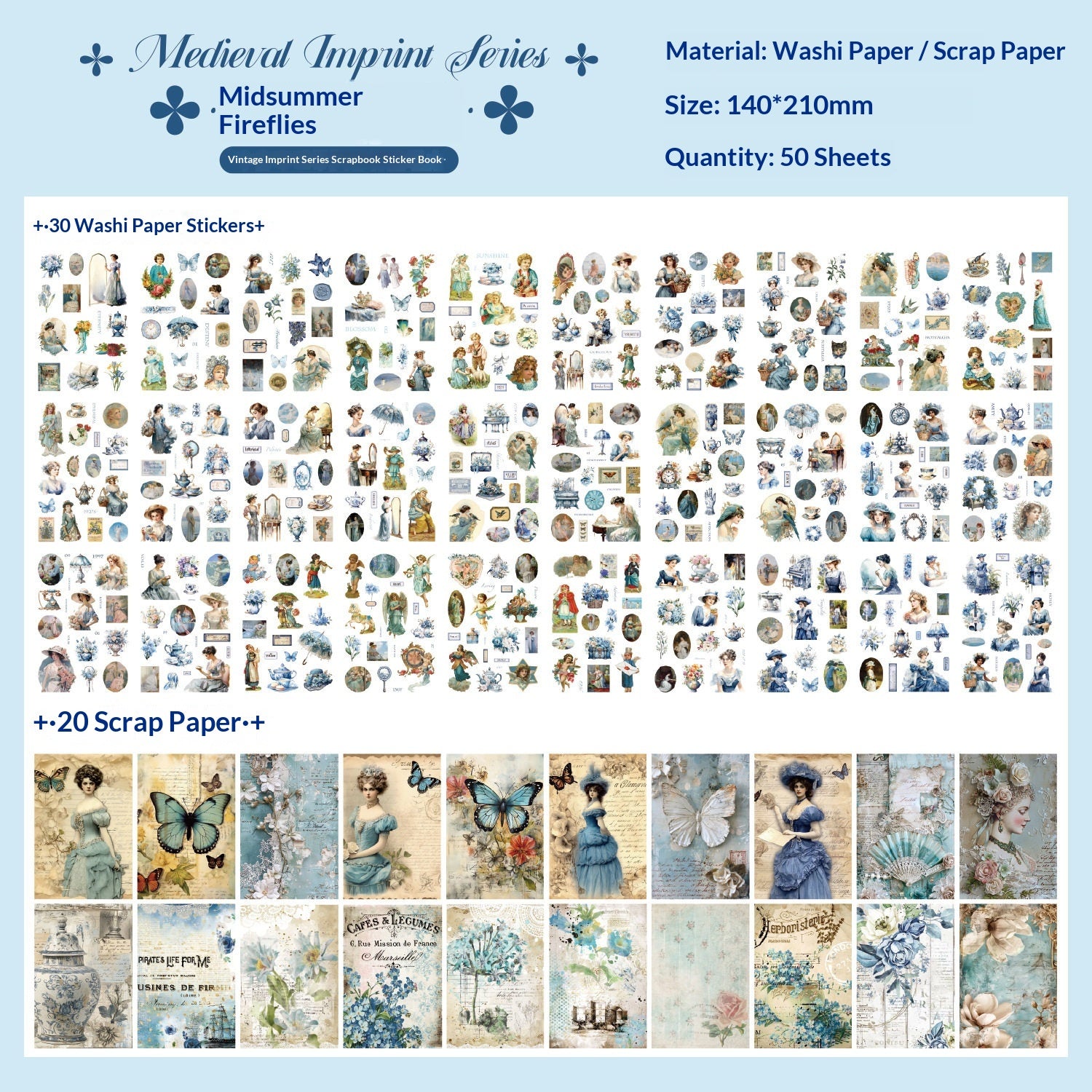 Vintage Imprint Series sticker book with floral paper, portraits, butterflies, and decorative scrapbook designs
