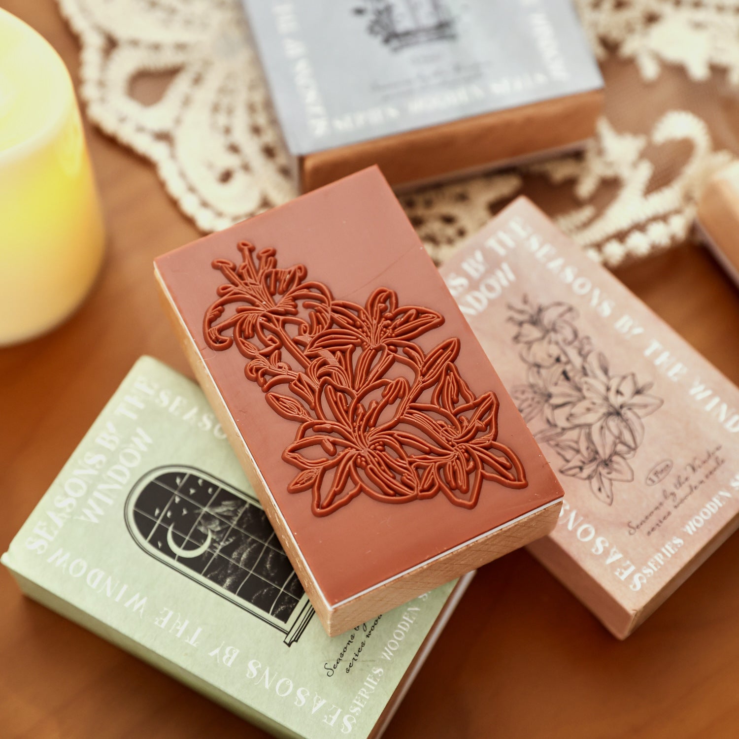 Wooden stamp set with seasonal window frame designs