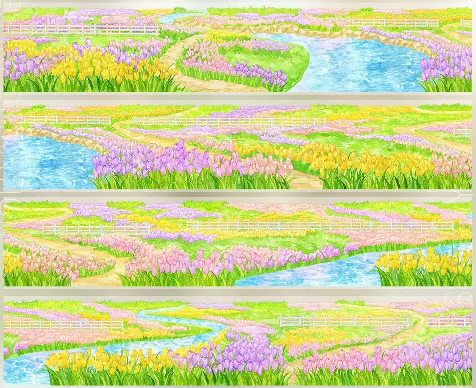 Spring Flower Field PET Tape layout with pink and yellow flowers, winding field paths, and water panels