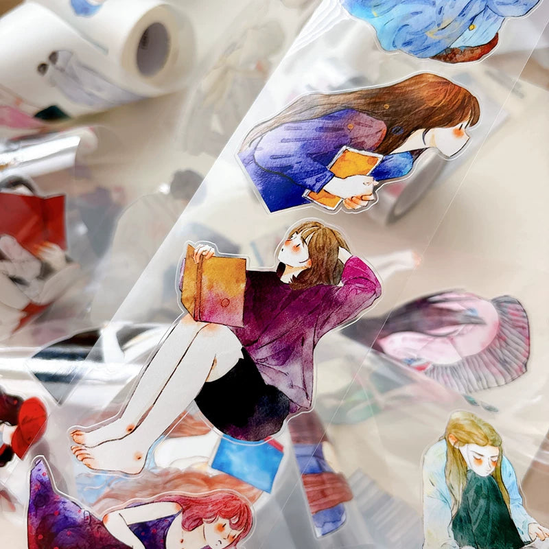 Tape roll and strips featuring girls reading books