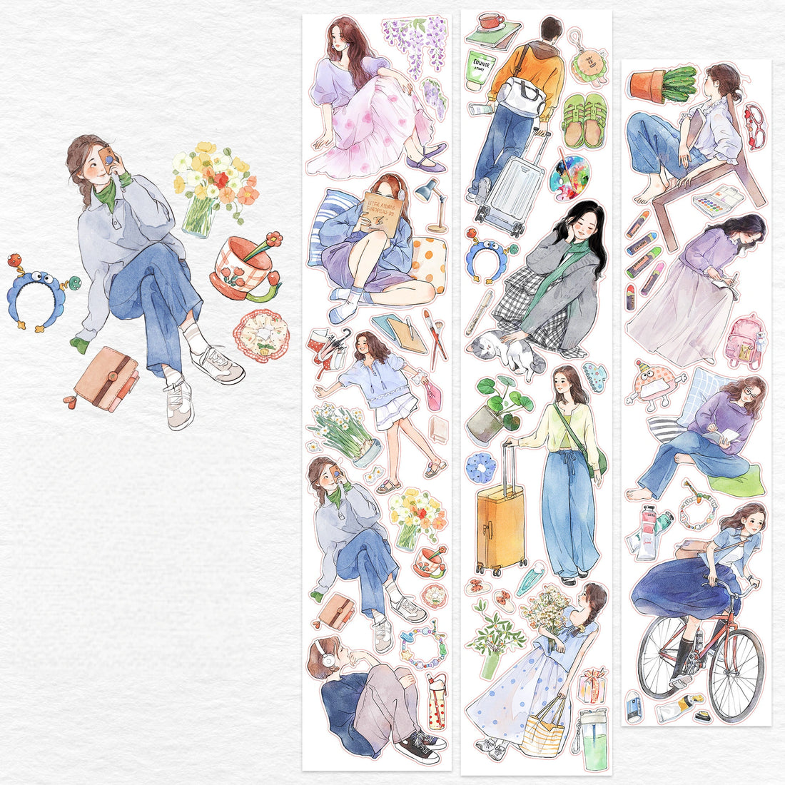 Watercolor PET tape artwork with relaxed weekend characters, bikes, flowers, luggage, and reading moments