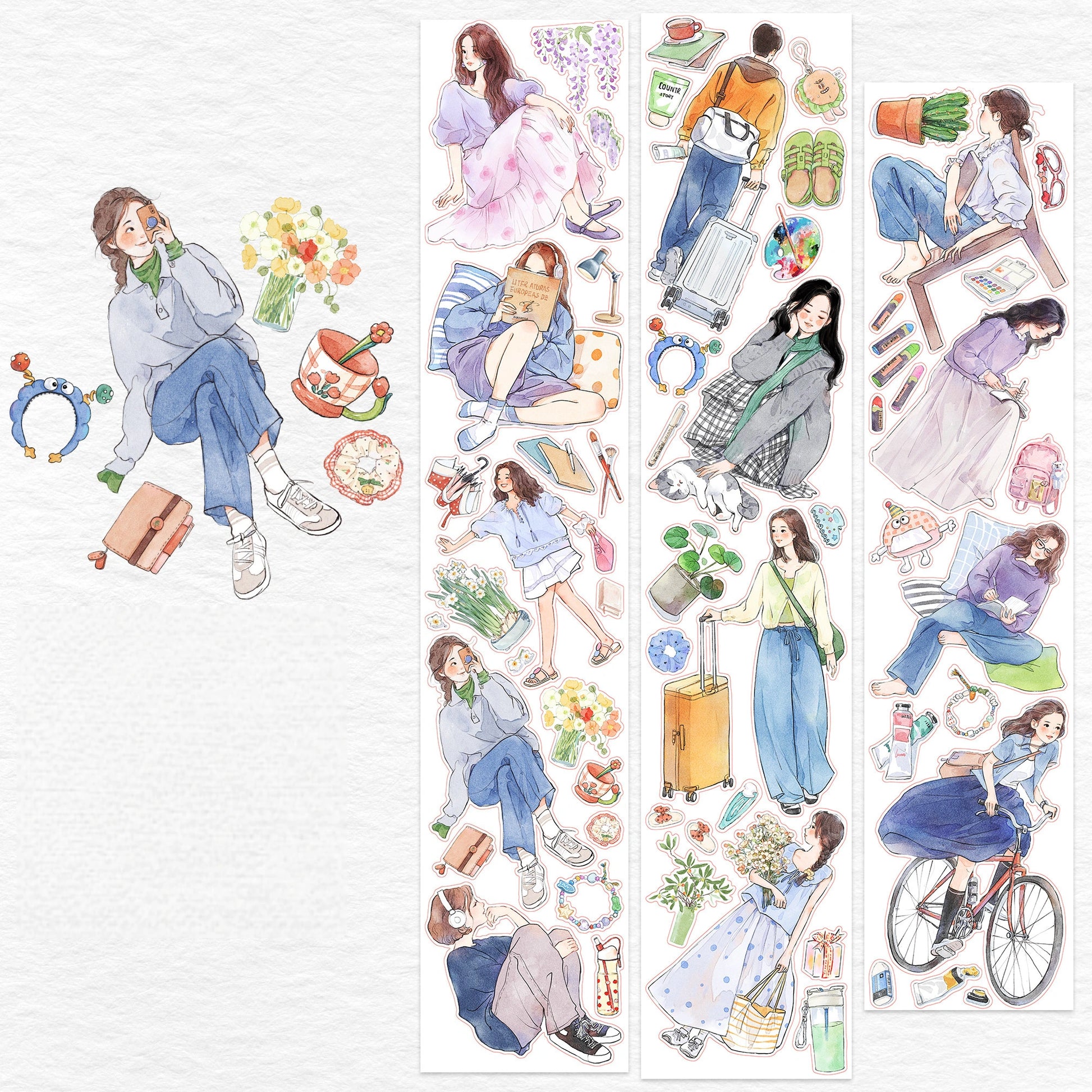 Watercolor PET tape artwork with relaxed weekend characters, bikes, flowers, luggage, and reading moments
