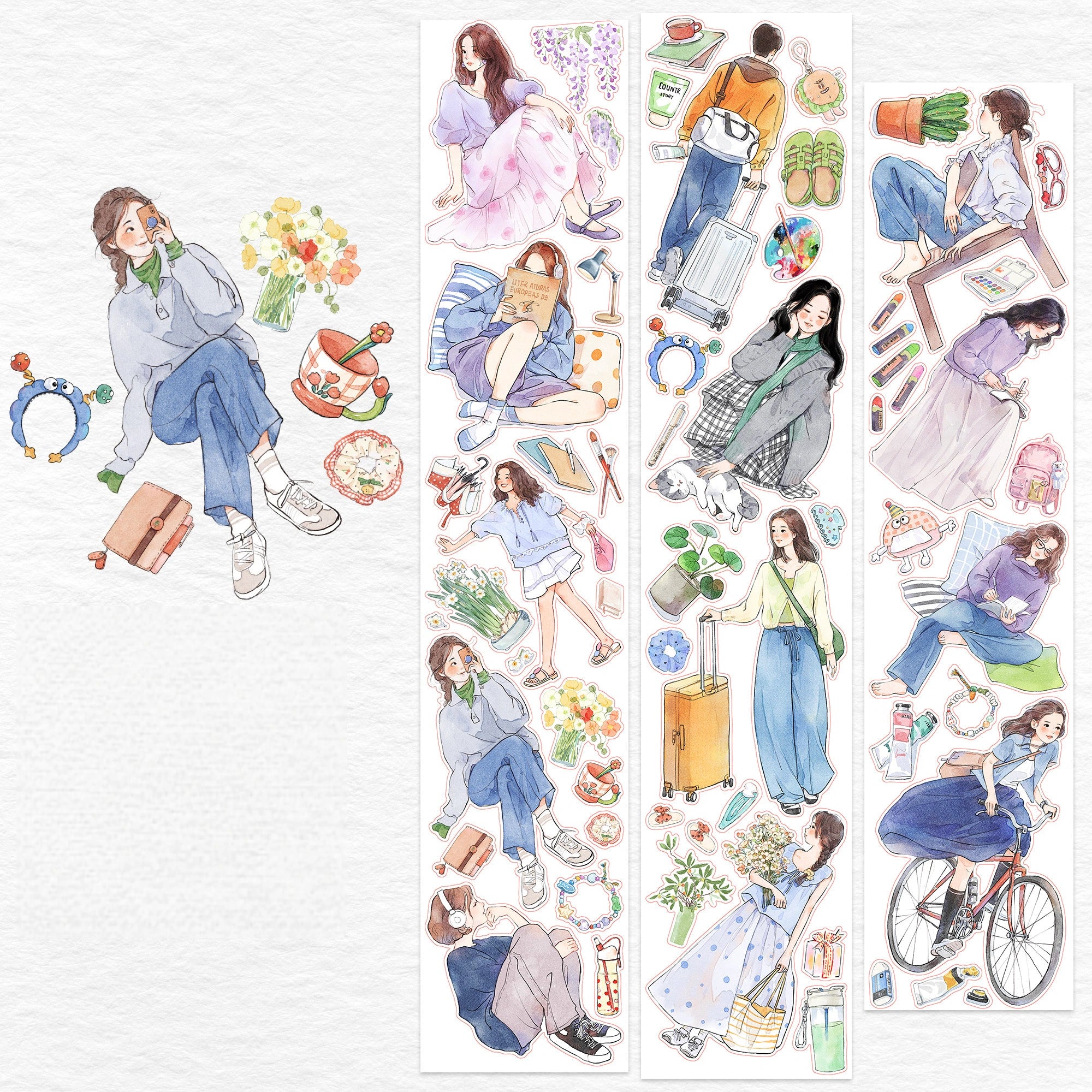 Watercolor PET tape artwork with relaxed weekend characters, bikes, flowers, luggage, and reading moments