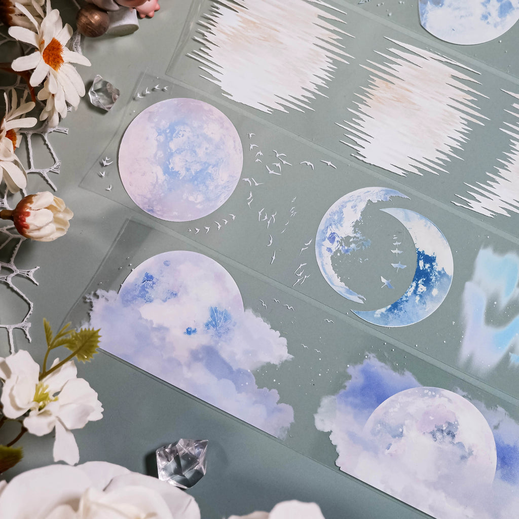 Silent Moonlight lunar phase watercolor PET tape roll with moon, clouds