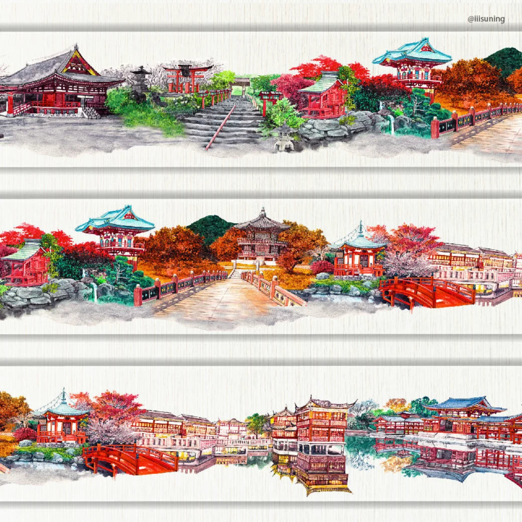 Oriental Retro Palace washi tape No.3 – traditional palace architecture and autumn mountains, 8cm wide