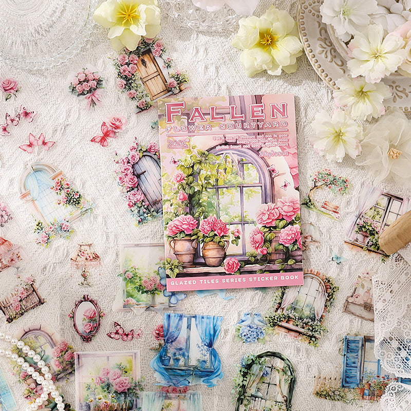 Glazed Tiles Series sticker book – watercolor garden and East Asian architecture scenes