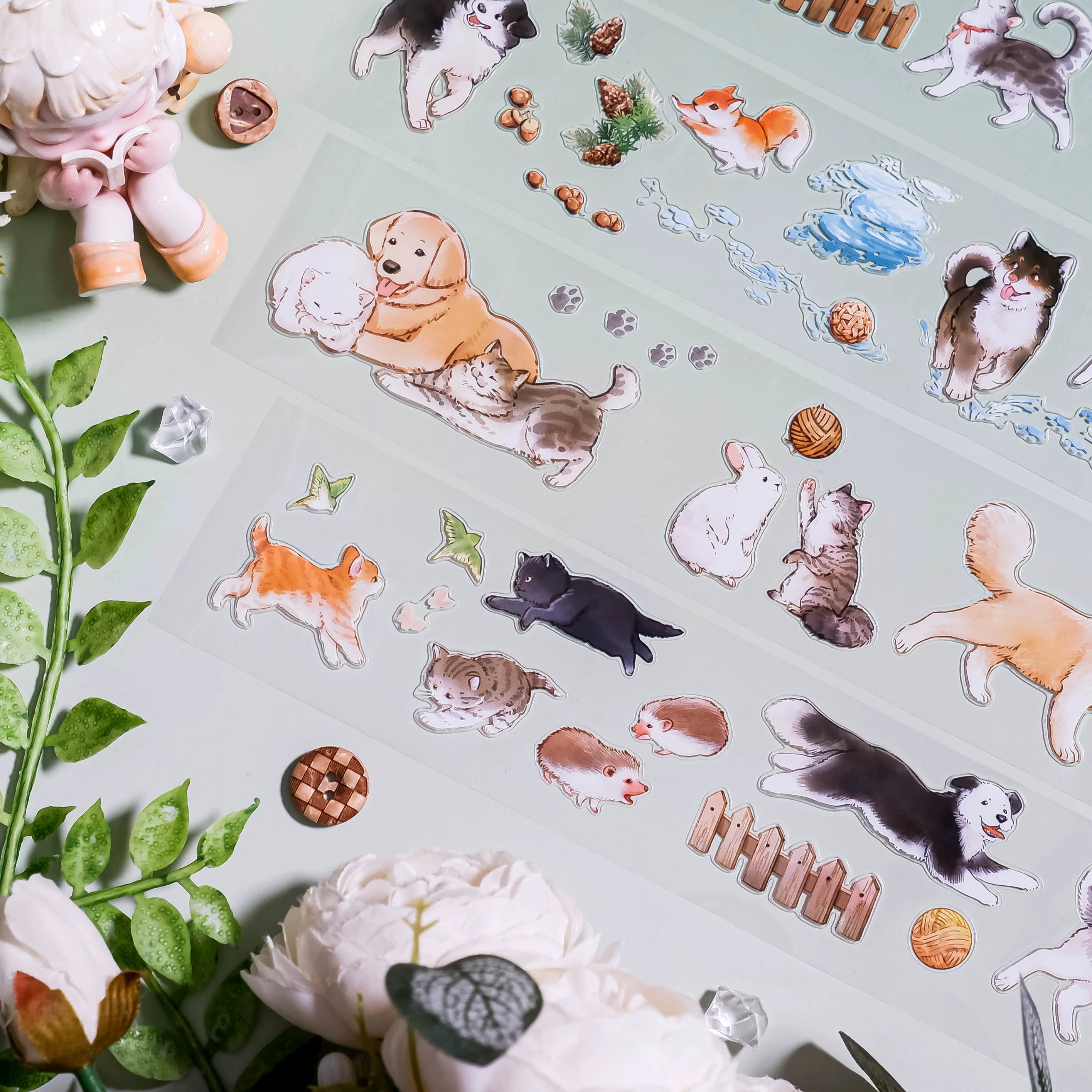 Colorful hand-painted pet cut-out tape with cats, dogs, rabbits, paw prints & decor for scrapbooking - Shroomi