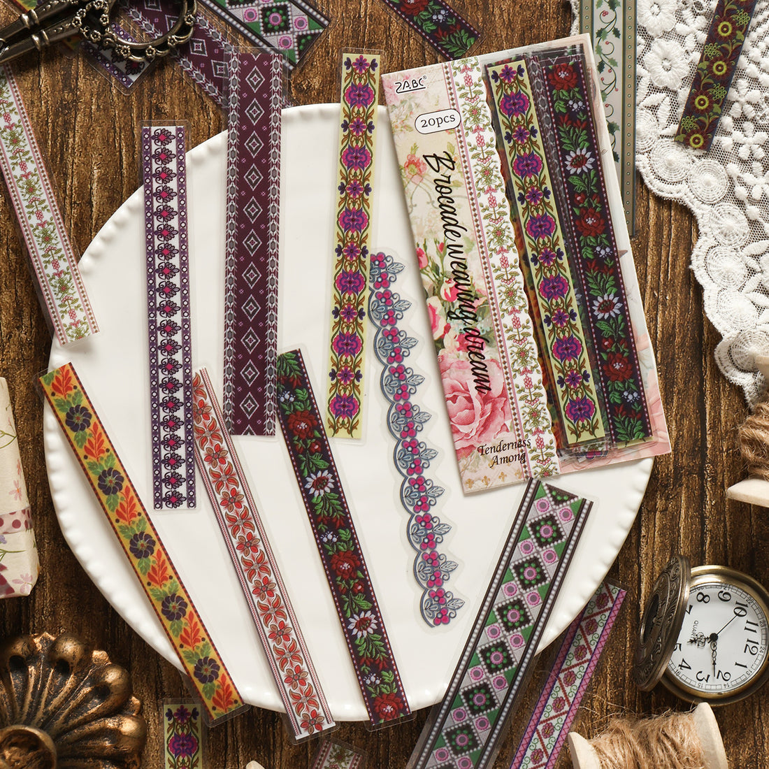 Vintage lace border sticker strips – decorative trim tape for journaling in 5 color packs