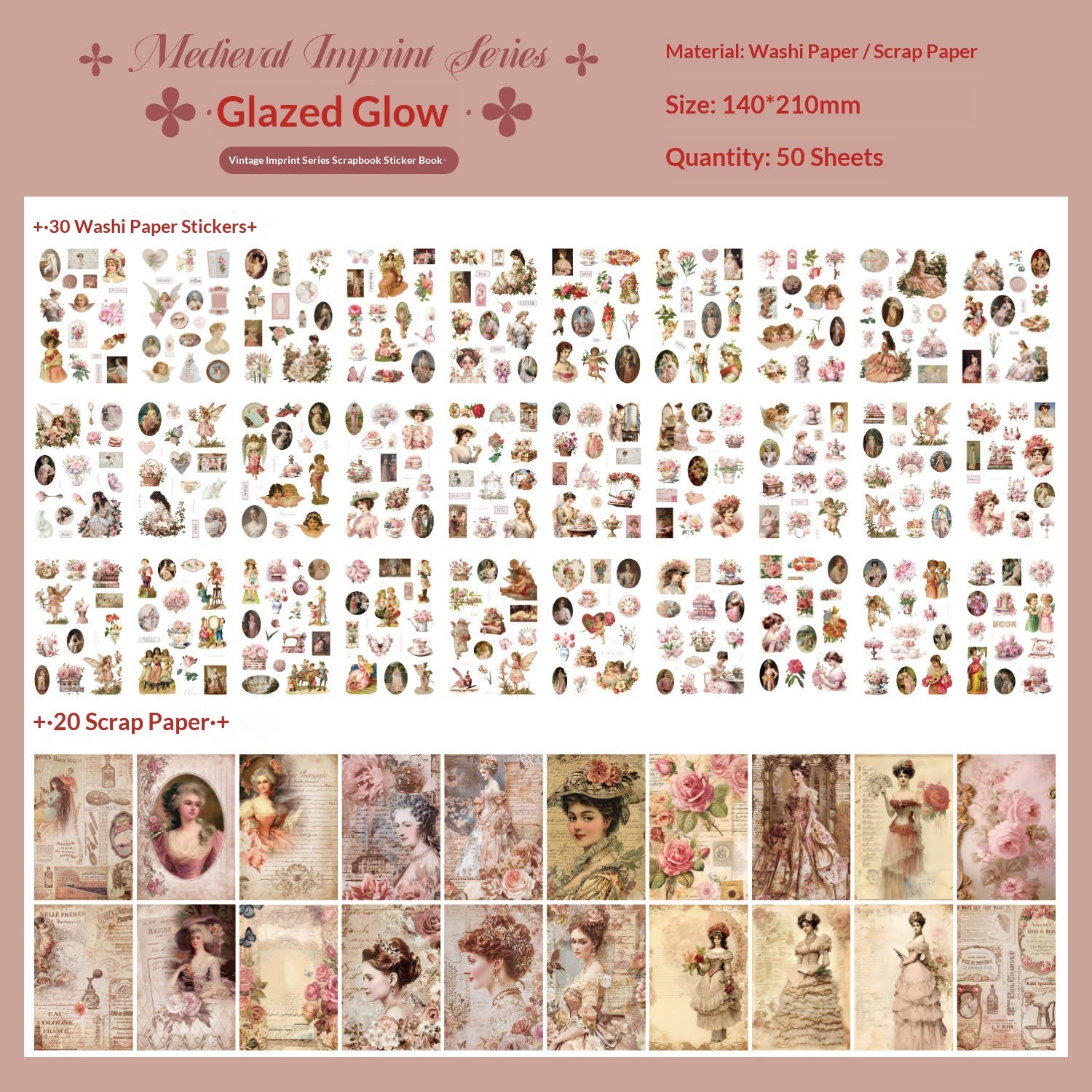 Vintage European portrait sticker book covers with elegant women, flowers, and nostalgic artwork