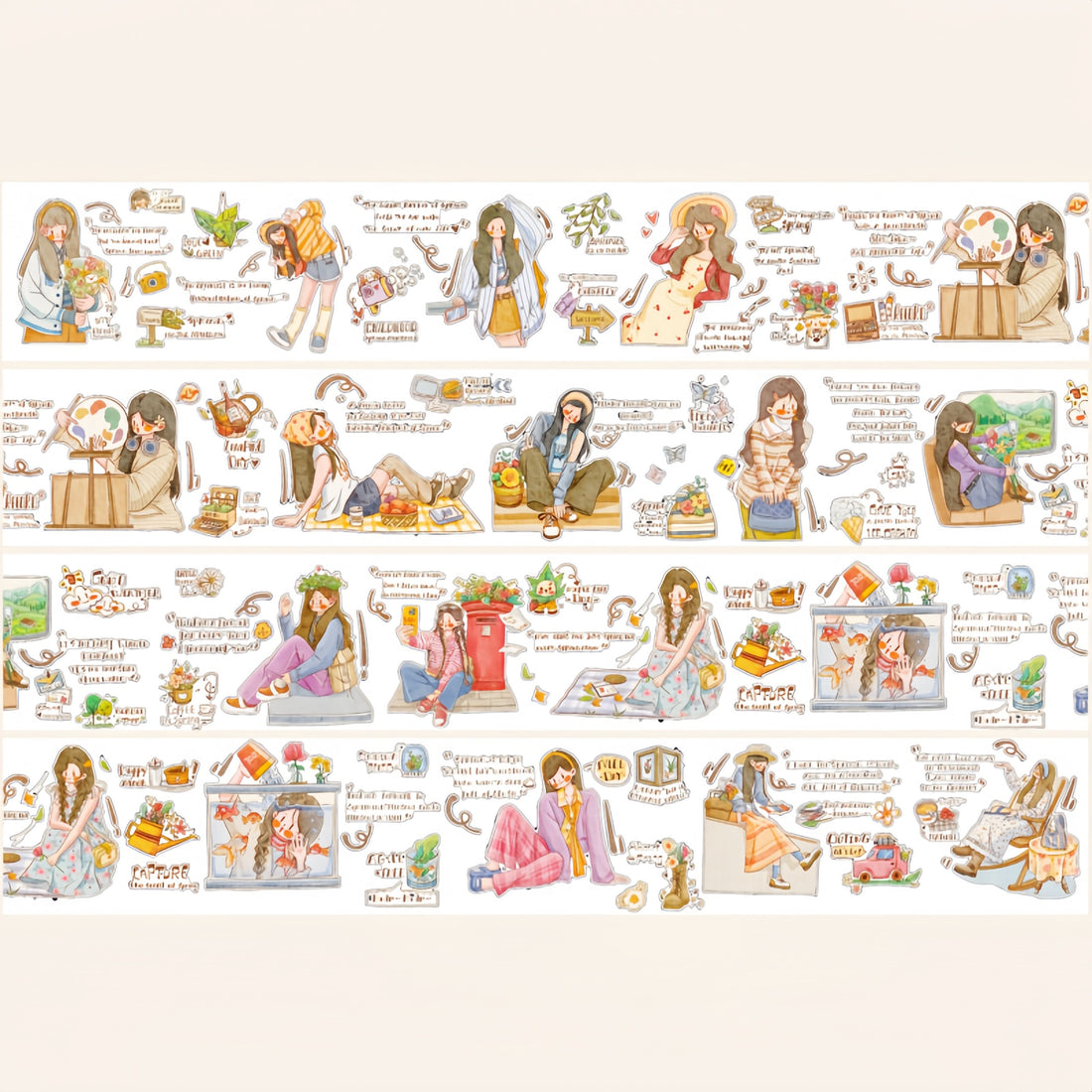 Leisure Stroll Character Decorative Tape with cozy girls, books, chairs, food, plants, and text accents