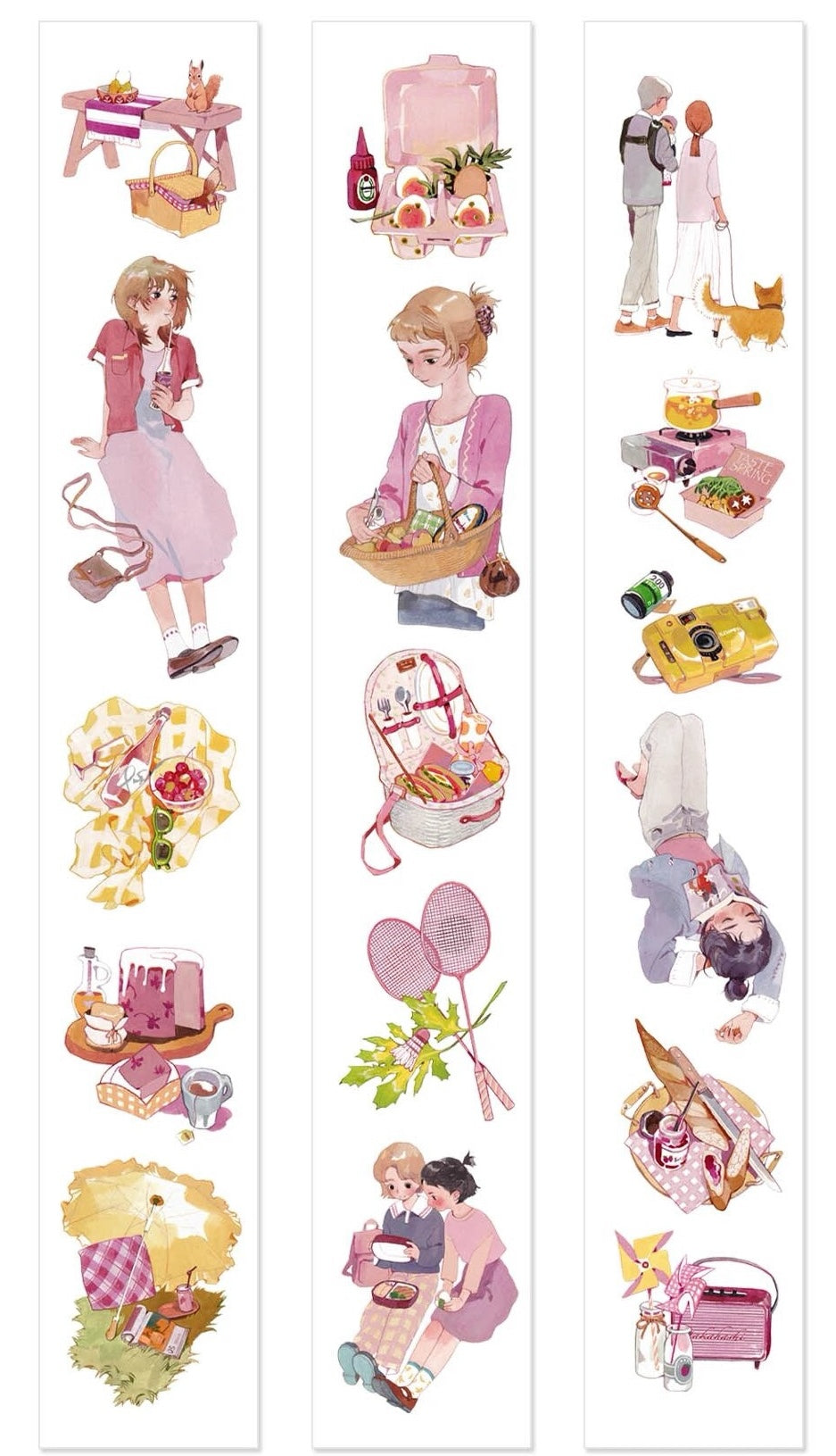 Picnic Day character PET tape with illustrated girls, baskets, snacks, badminton rackets, cameras, pets, and picnic details