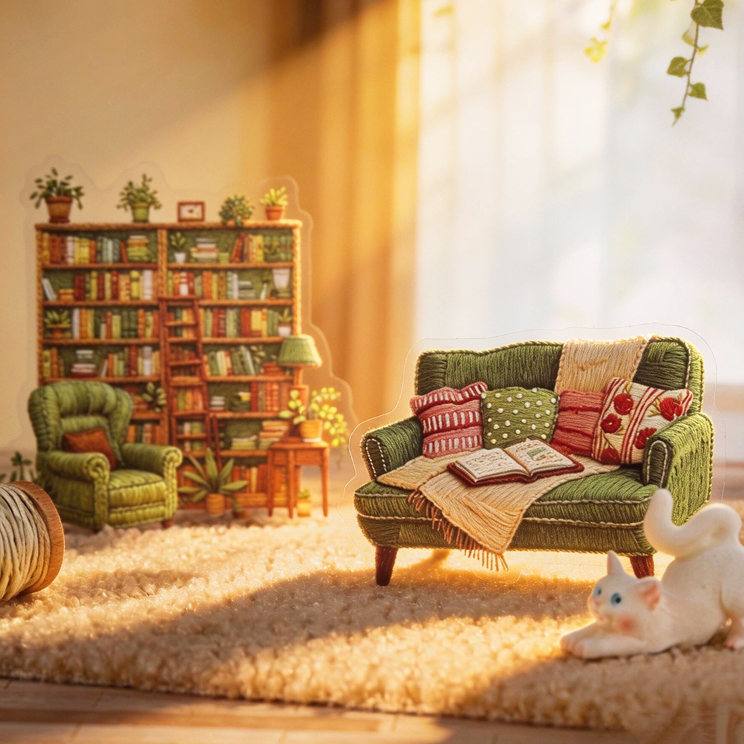 Cozy embroidered home sticker scene with sofa, bookshelves, plants, and warm sunlight