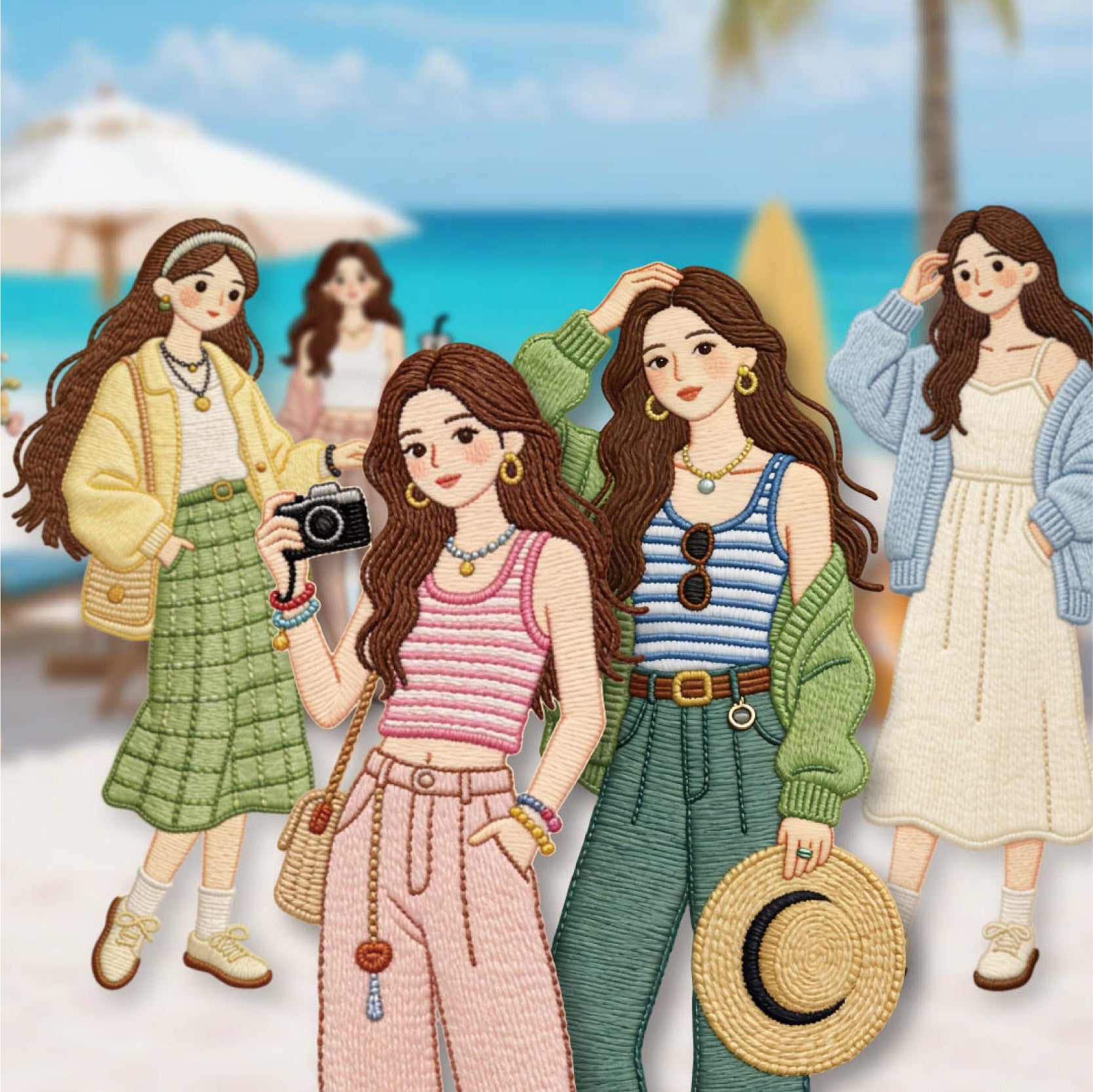Retro character card sticker pack with textured girls, cameras, hats, beach scenes, and slow-life travel details