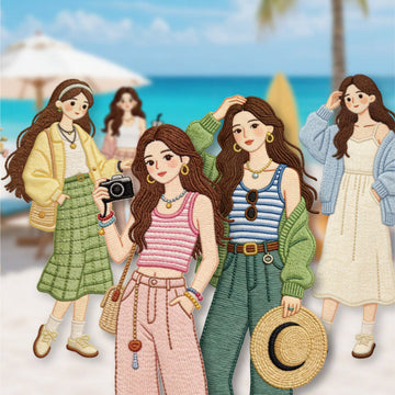 Retro character card sticker pack with textured girls, cameras, hats, beach scenes, and slow-life travel details