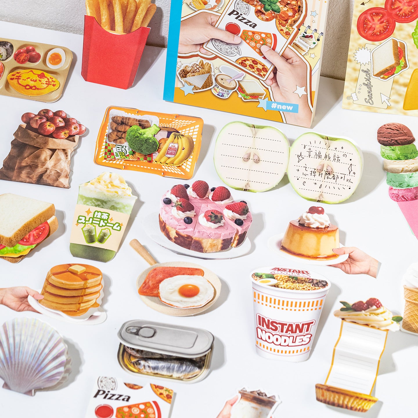 Fragments scrapbook kit with no-cut food pieces, daily notes, photo layouts, memory book cards, and handmade paper scenes