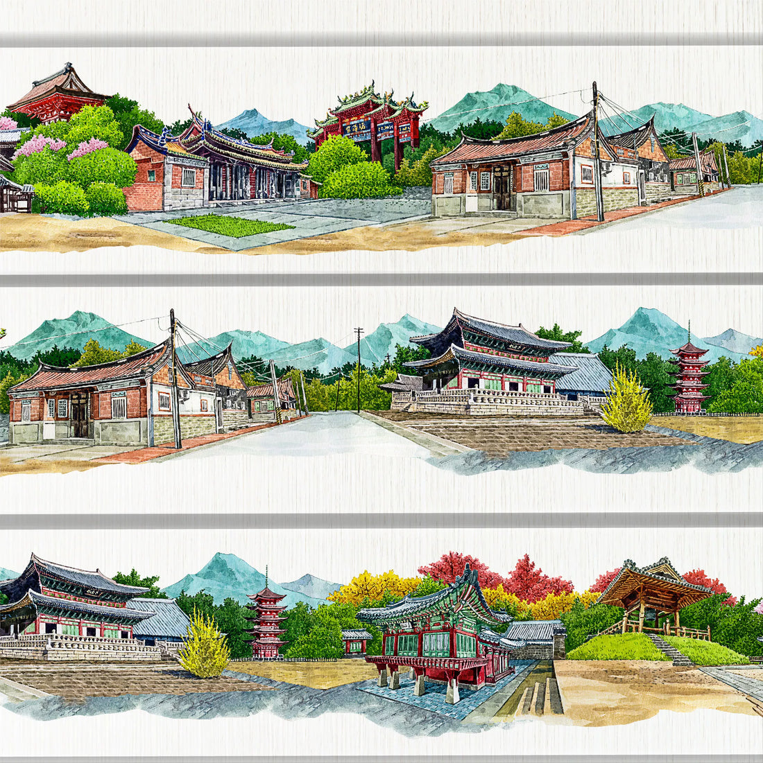Solar Term Realm washi tape – East Asian temple and seasonal scenery, 8cm wide