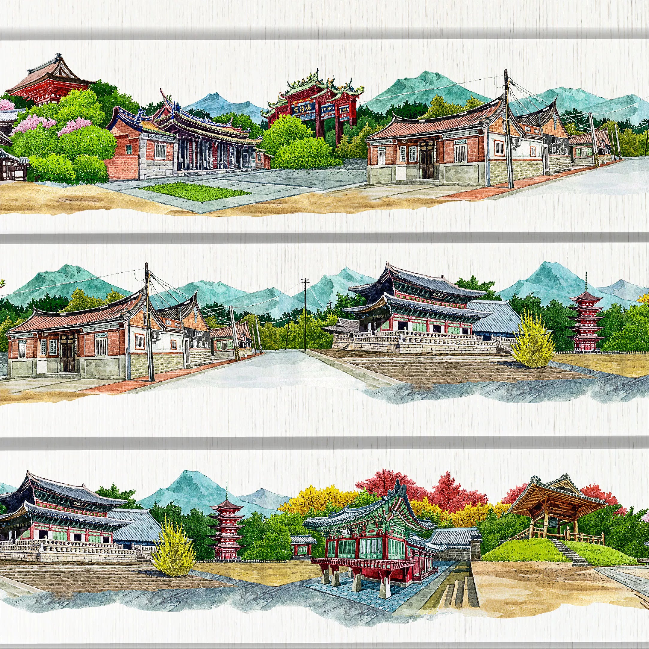 Solar Term Realm washi tape – East Asian temple and seasonal scenery, 8cm wide
