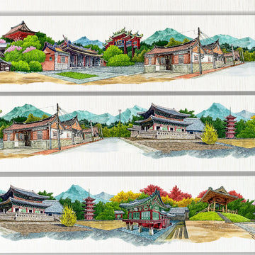 Solar Term Realm washi tape – East Asian temple and seasonal scenery, 8cm wide