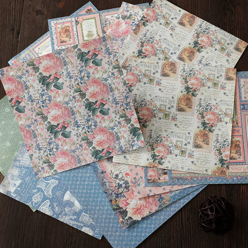 Vintage cottage garden scrapbooking paper with floral patterns and decorative labels