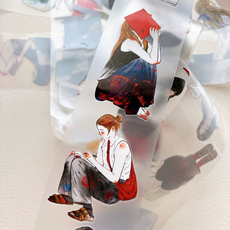 Detail of watercolor girls reading books illustrations on tape