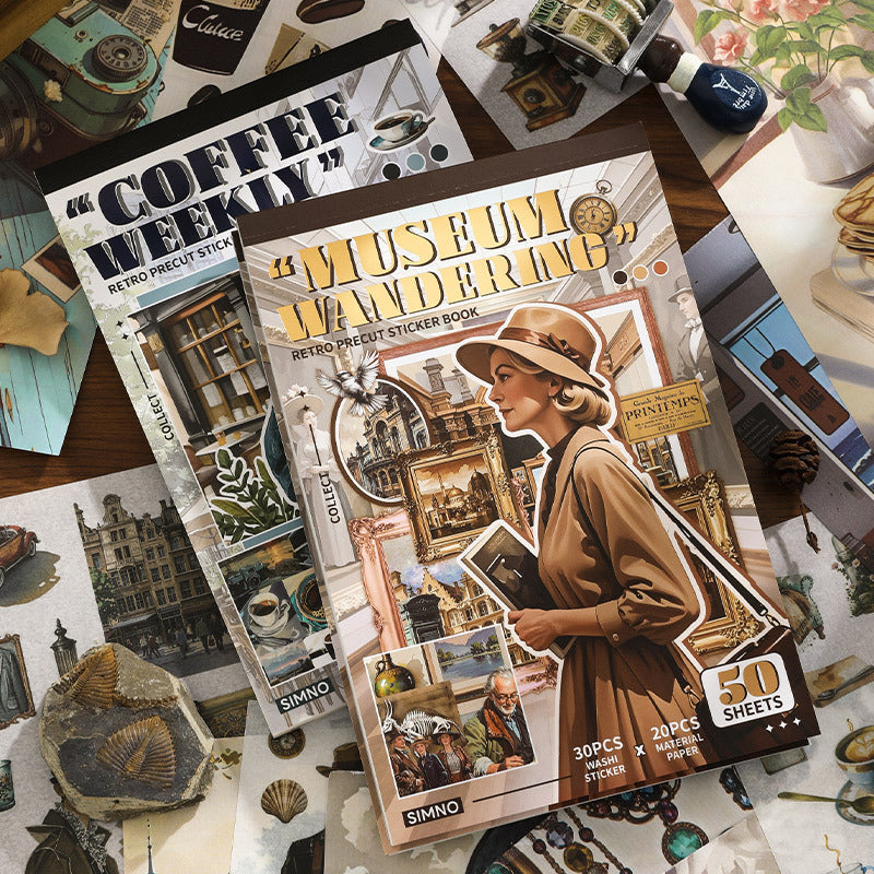 Slow Living vintage scrapbooking paper and sticker book with museum, cafe, weekly note, and cowboy collage themes - image 1
