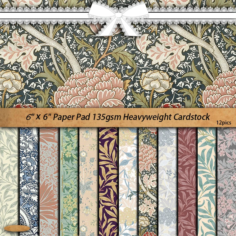 William Morris Floral Junk Journal Paper - 12 Pieces Vintage Foldable Stickers for Scrapbooking & Gift Decoration