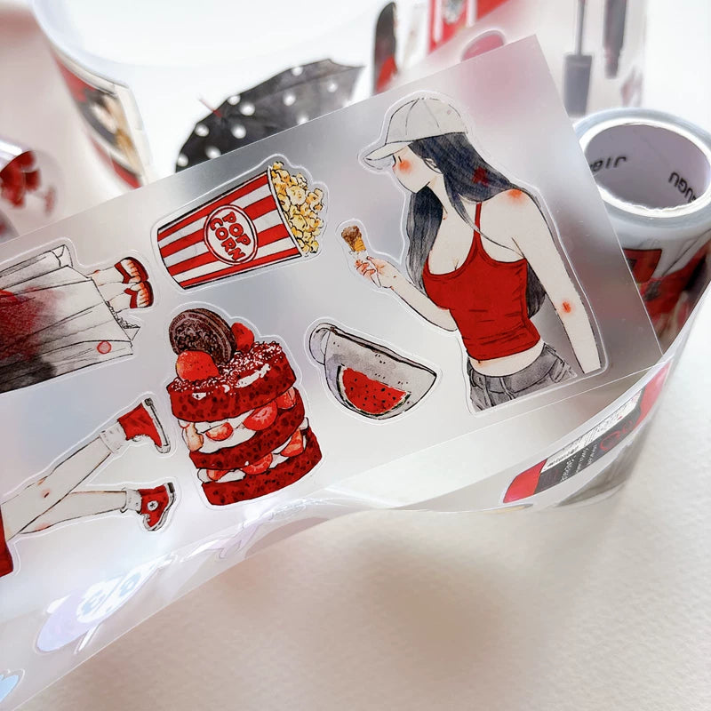 Tape roll and strips featuring red-themed girls and keepsakes