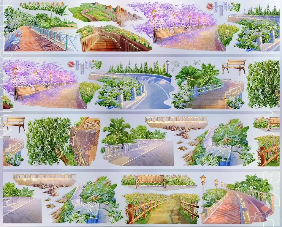 Seaside Promenade PET Tape layout with road panels, gardens, water, benches, and scenic walkway details