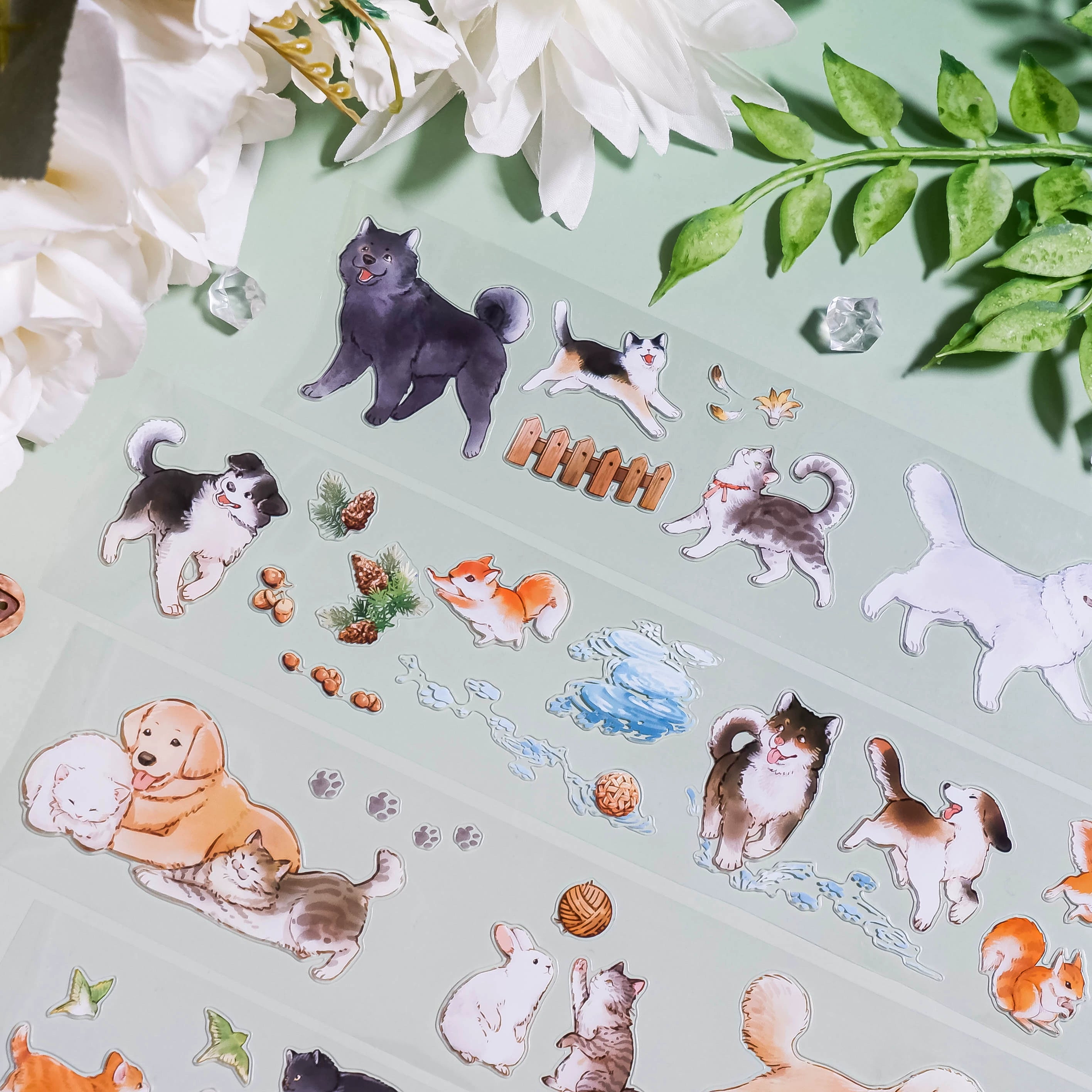 Colorful hand-painted pet cut-out tape with cats, dogs, rabbits, paw prints & decor for scrapbooking - Shroomi