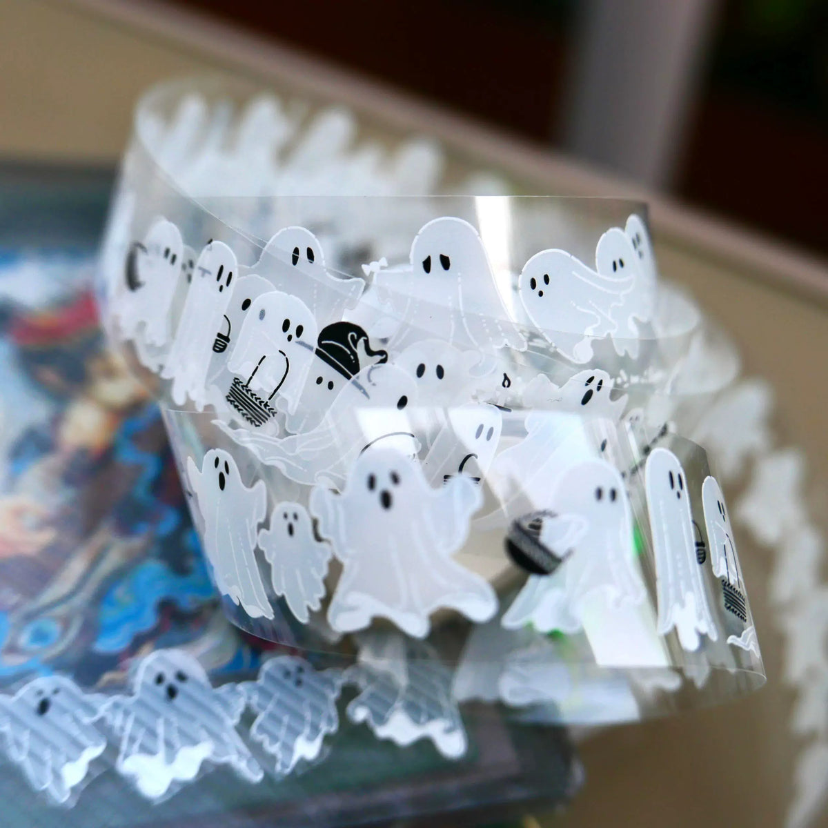 Close-up of white ghost tape with tiny accessories