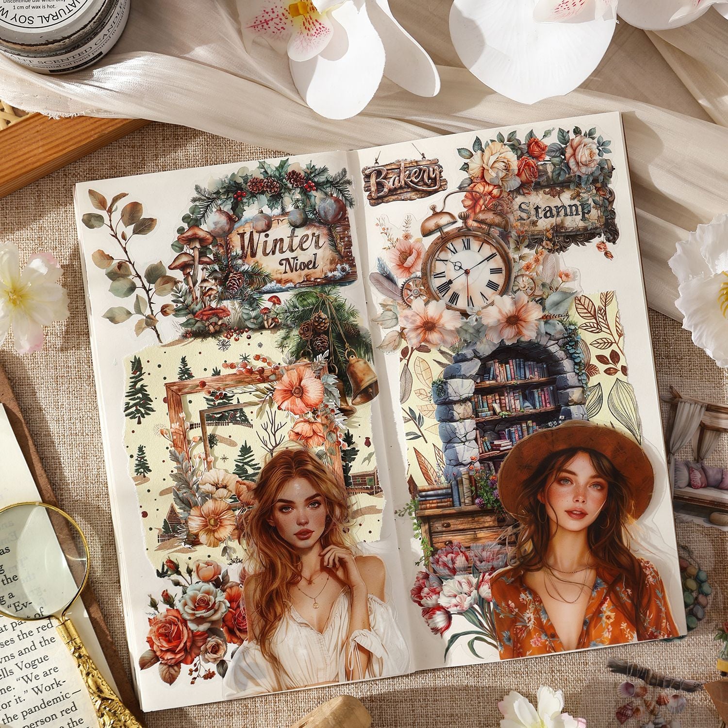 Vintage magazine style sticker book – elegant female character illustrations in editorial aesthetic