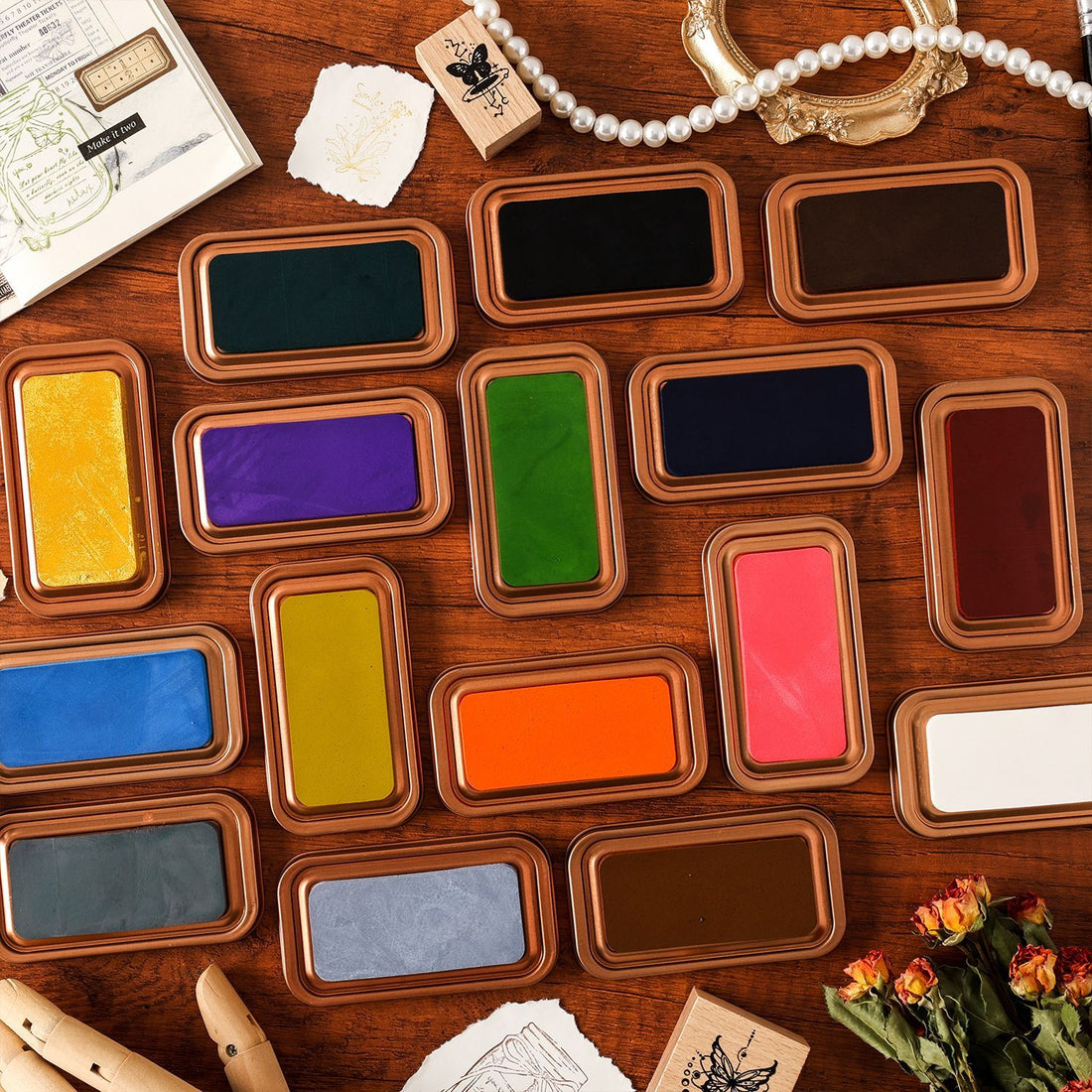 Nature palette cotton ink pad tins with metal cases, rich stamping colors, and vintage label artwork