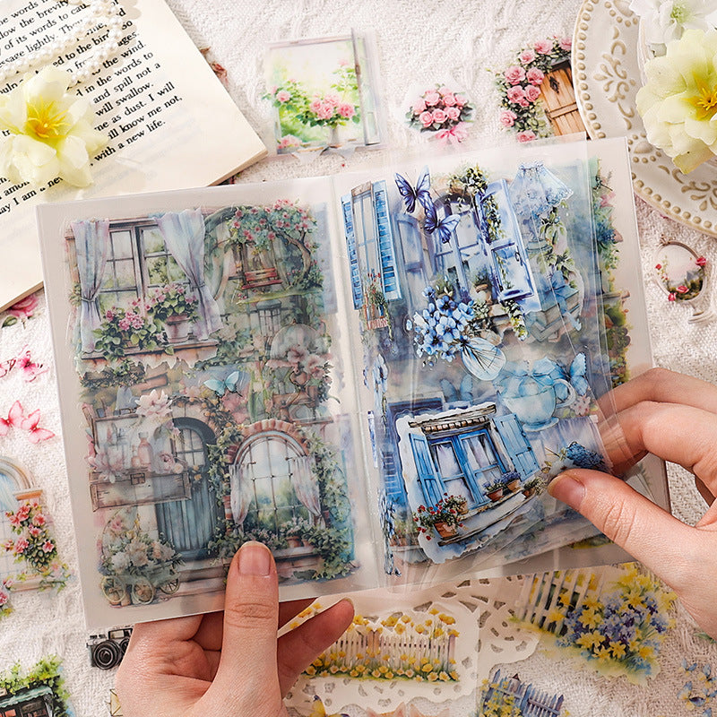 Glazed Tiles Series sticker book – watercolor garden and East Asian architecture scenes