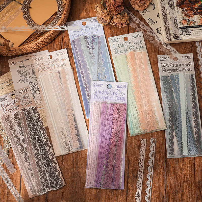 Delicate lace trim sticker strips in white, cream, purple and pink for journaling borders