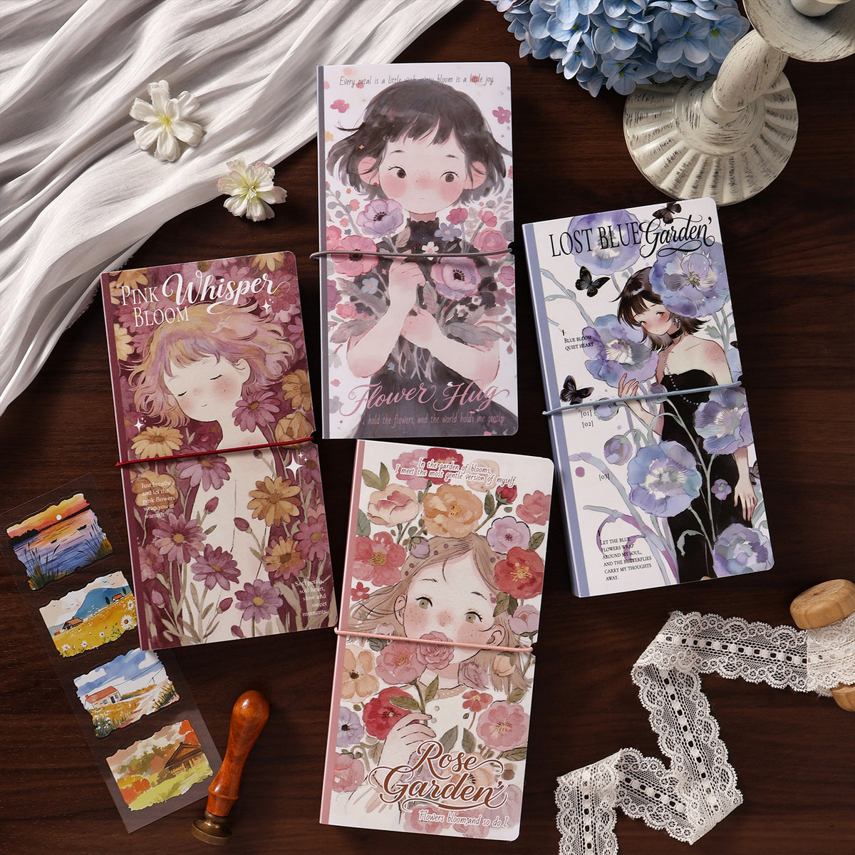 Four floral illustrated storage album covers featuring girls with flowers