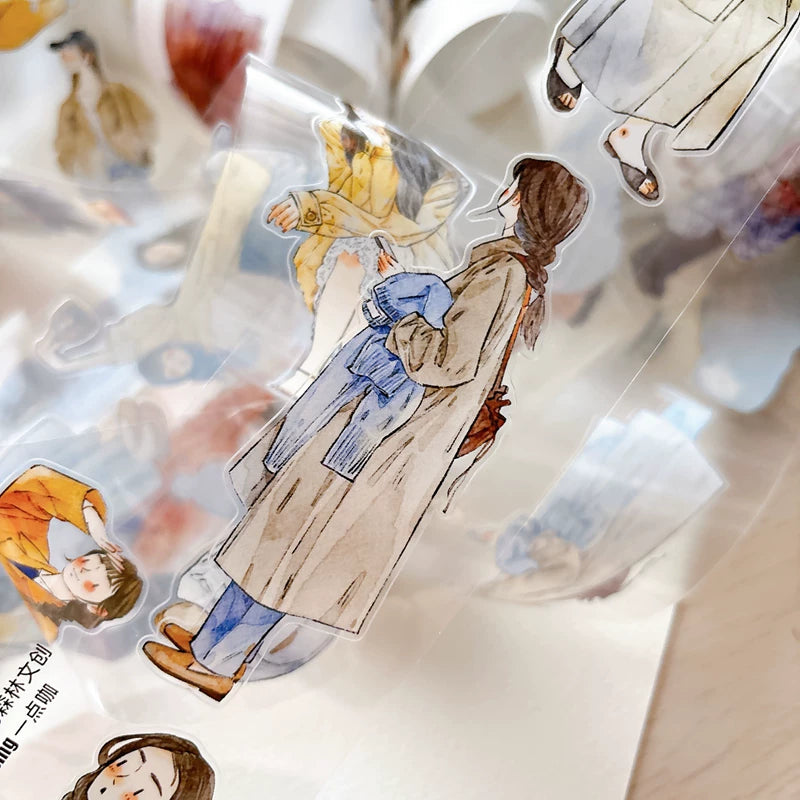Detail of watercolor autumn fashion girls illustrations on tape
