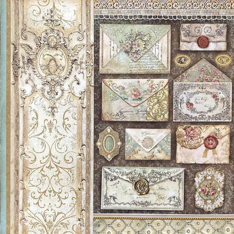 Vintage decorative stickers with ornate envelopes, floral borders, and baroque details