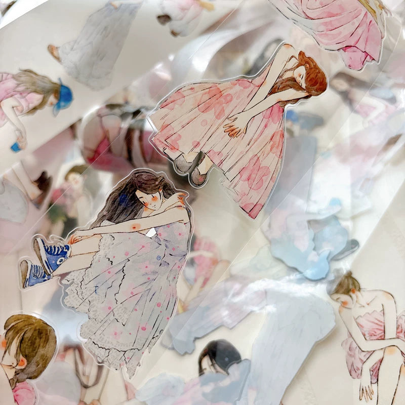 Detail of watercolor blush pink girls illustrations on tape
