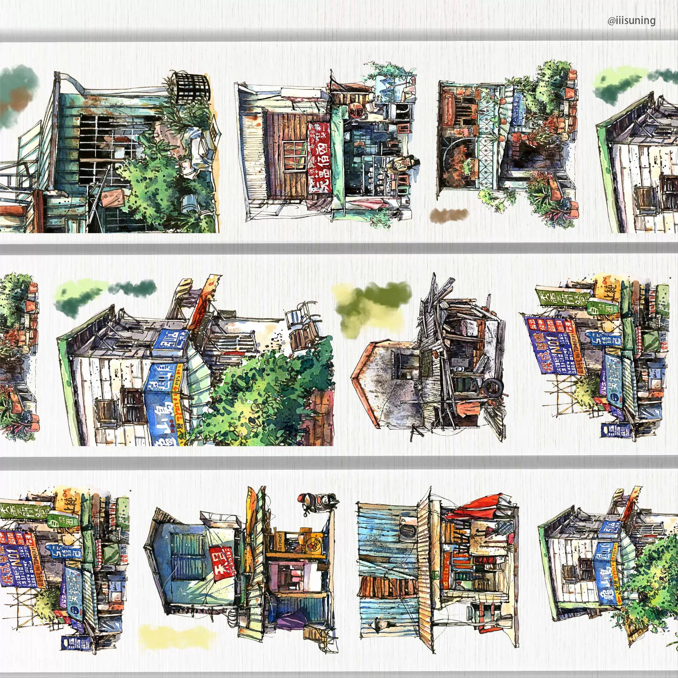 Charming PET tape featuring urban streets with vintage shop signs, textured facades, and vibrant greenery for creative projects.