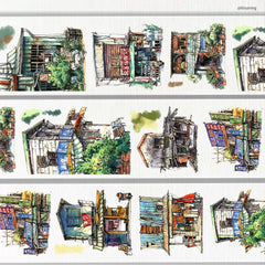 Charming PET tape featuring urban streets with vintage shop signs, textured facades, and vibrant greenery for creative projects.