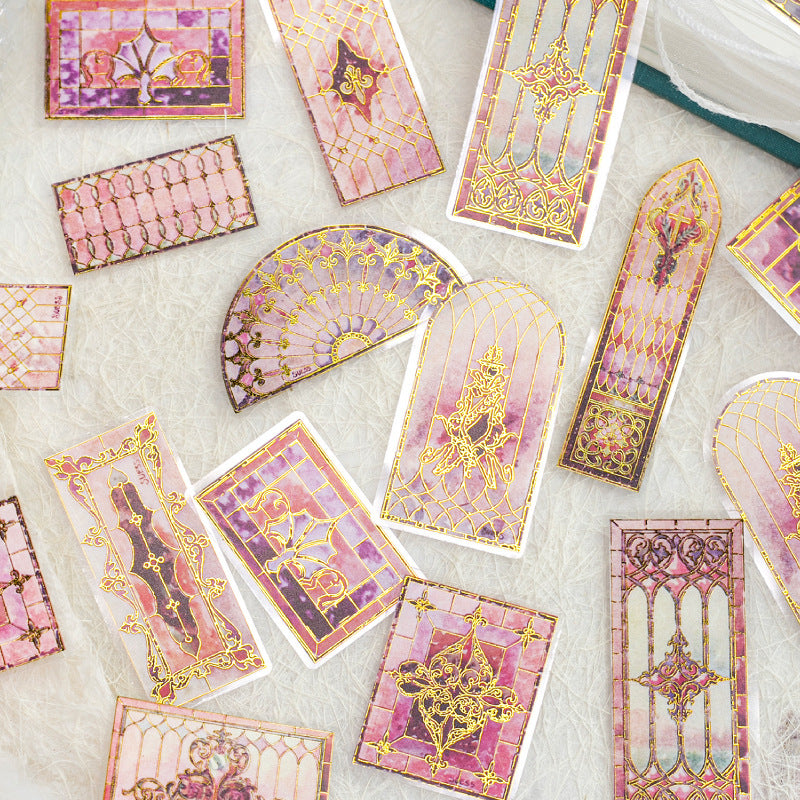 Vintage Stained Glass Sticker Pack with ornate arched windows, floral glass panels, and decorative frames