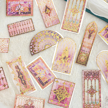 Vintage Stained Glass Sticker Pack with ornate arched windows, floral glass panels, and decorative frames