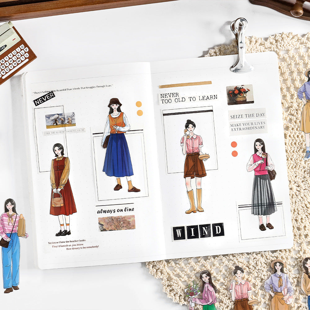 Ideal Life character stickers on a journal spread with modern girls and small label panels