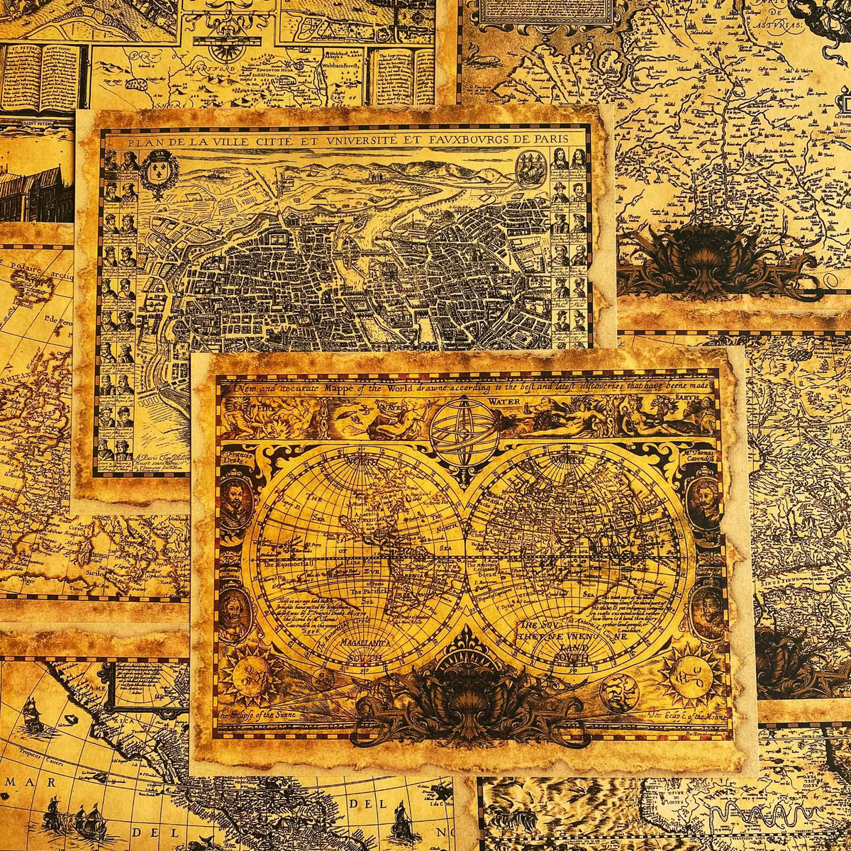 Vintage Golden Old Map Junk Journal Paper - 8 Pieces Kraft Paper Background for Scrapbooking & Art Journaling